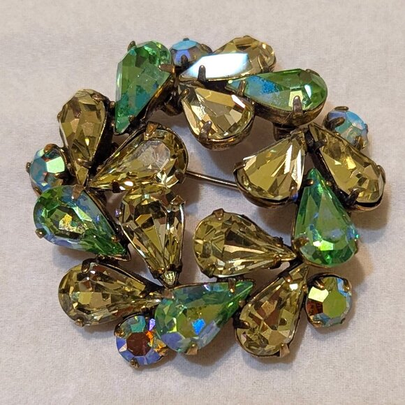 Vintage REGENCY Yellow Rhinestone Green Aurora Borealis AB Rhinestone Brooch Pin - Picture 2 of 11